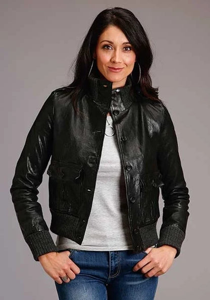 Stetson Novelty Solid Smooth Buttoned (Black) - Women's Lamb Leather Jacket