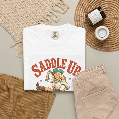 Saddle Up Tee — Retro Cowgirl "Kick Up A Little Dust" Graphic T-Shirt