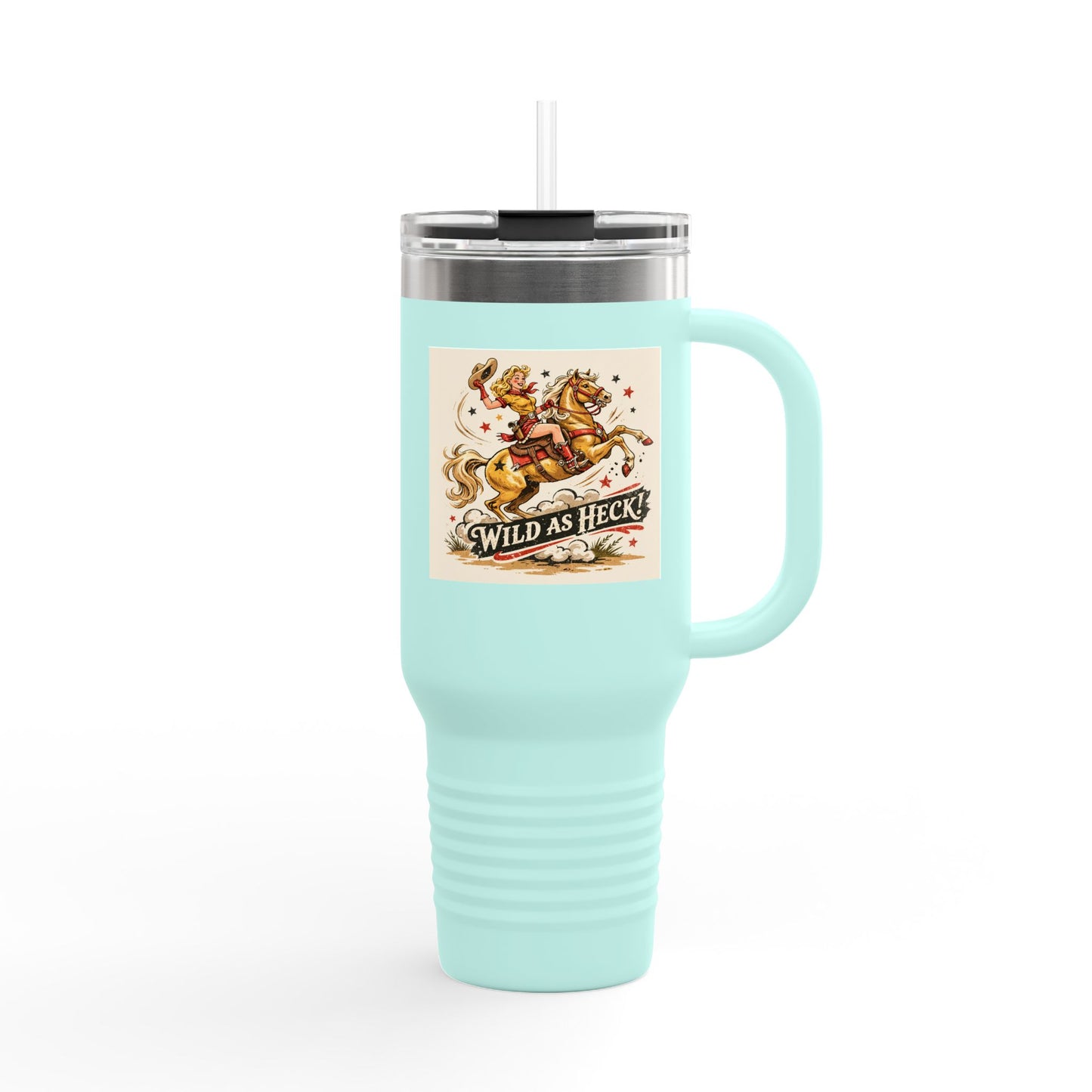 Wild As Heck 40oz Insulated Travel Mug — Retro Rodeo Horse Design