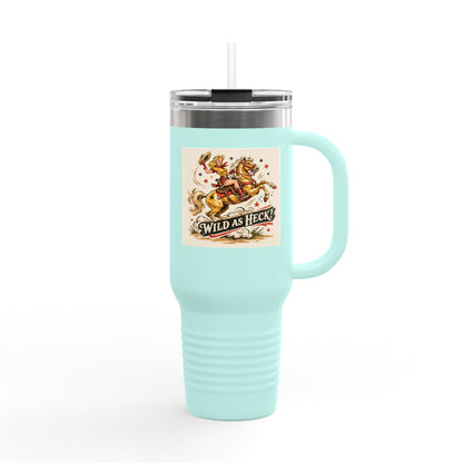 Wild As Heck 40oz Insulated Travel Mug — Retro Rodeo Horse Design