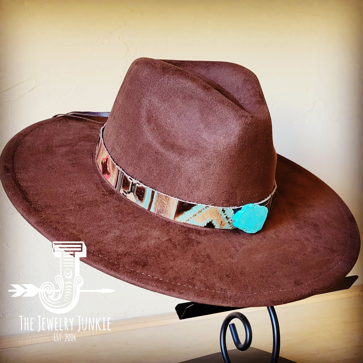 **Boho Western Felt Hat w/ Choice of Leather Hat Band w/ Turquoise Slab-Brown 980h
