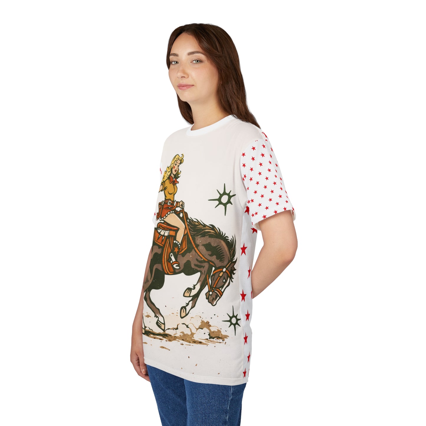 Cowgirl Retro Rodeo Tee — Vintage Bucking Bronco All-Over Print Shirt