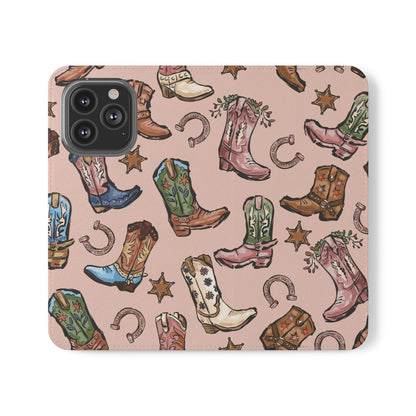 Western Boots Flip Wallet Phone Cases Pink
