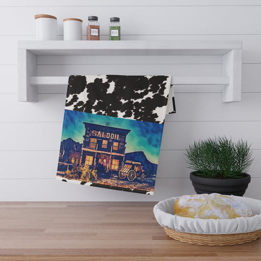 Cowhide Saloon Tea Towel — Western Saloon Kitchen Towel with Vintage Wagon Design