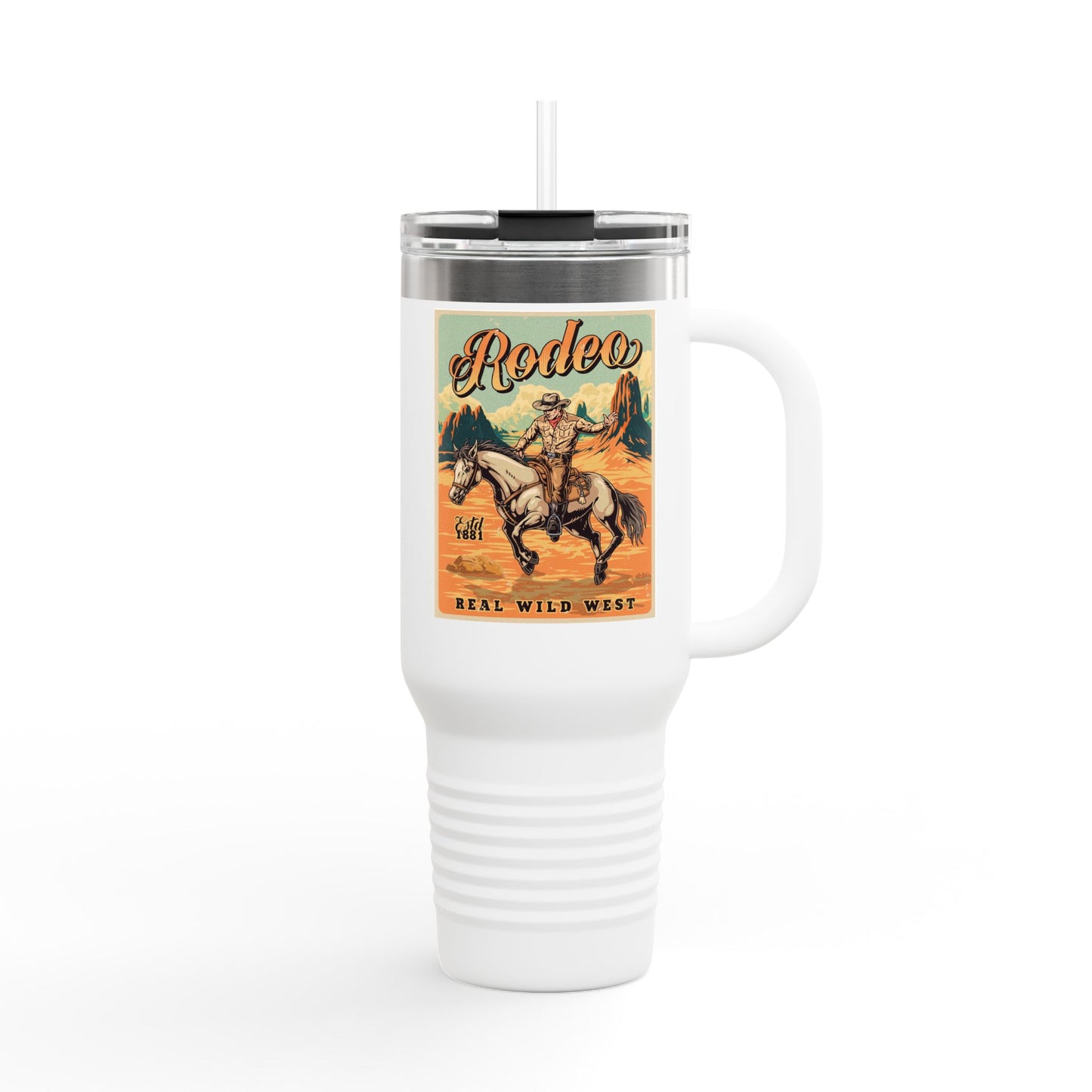 Rodeo Cowboy 40oz Insulated Travel Mug — Wild West Horseback Design