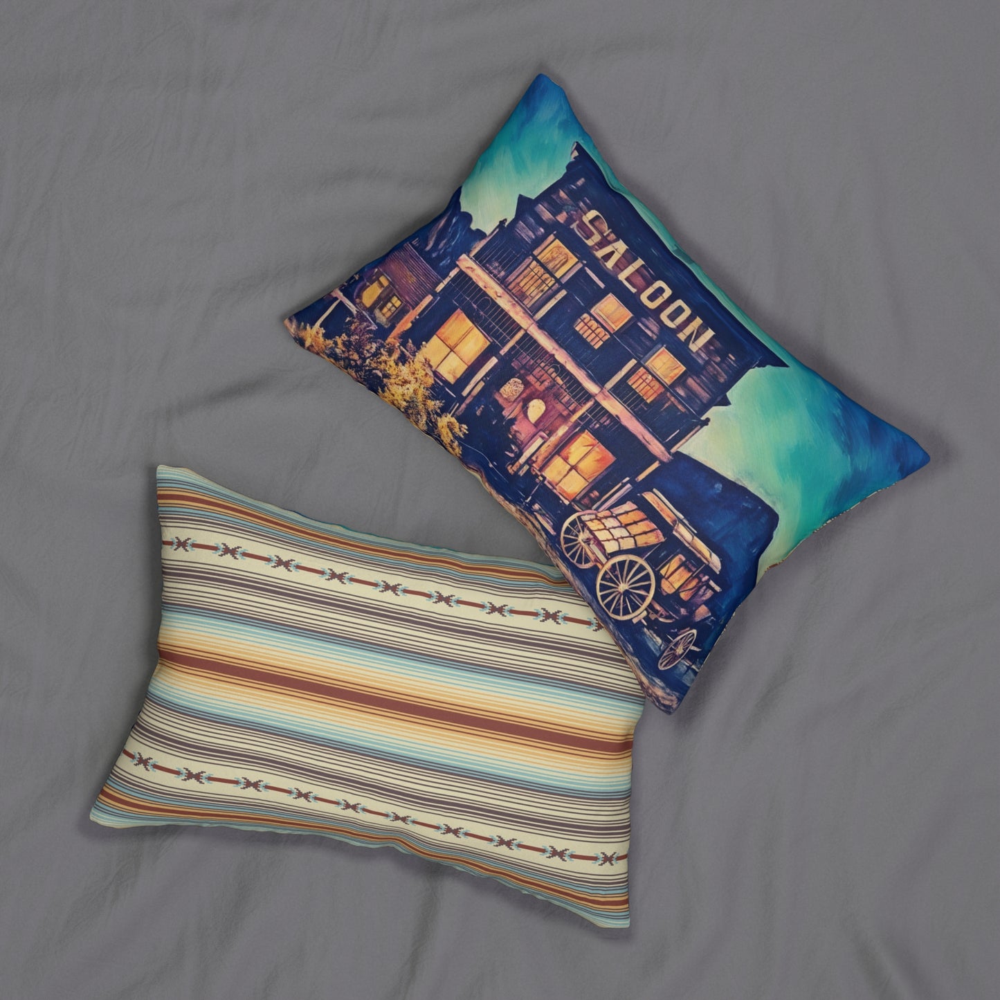 Western Saloon Lumbar Pillow — Rustic Wagon & Navajo Stripe Accent Pillow
