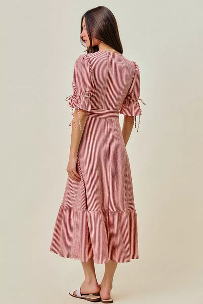 SO ME Stripe Textured Short Sleeves Lined Wrap Midi Dress