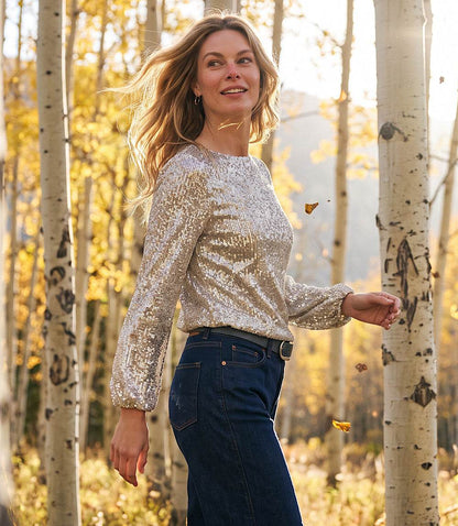 Petite Size Sequin Blouson Sleeve Boatneck Top