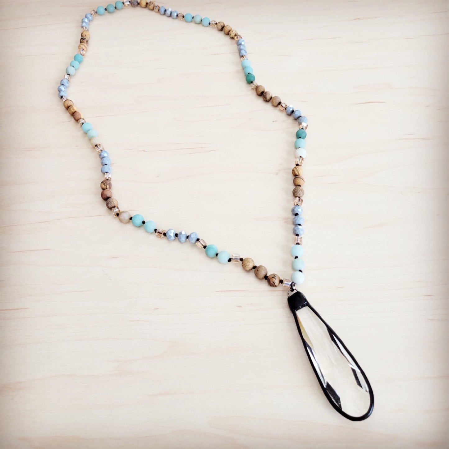 Picture Jasper & Amazonite Long Beaded Necklace w/ Crystal Pendant 262r
