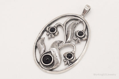 Large Vintage Black Onyx Floral Sterling Silver Pendant