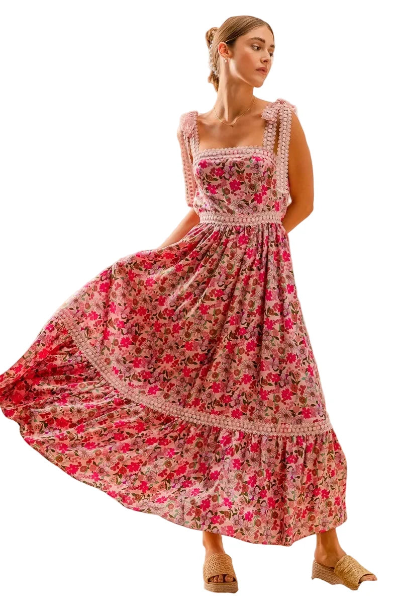 Womens Casual Maxi Dress Floral Print Lace Trim Square Neck Ruffle Hem Sleeveless Summer Pink Sundress