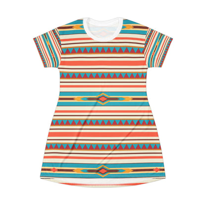 Southwestern Stripe T‑Shirt Dress — Colorful Aztec Boho AOP Dress