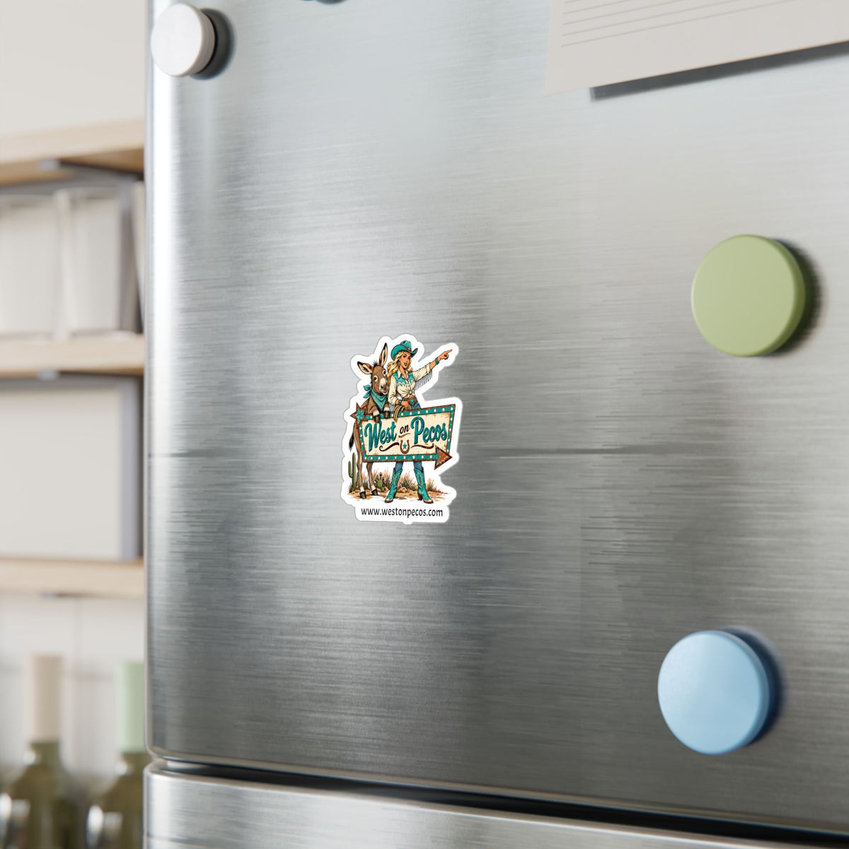 West on Pecos Cowboy Sticker — Kiss-Cut Vinyl Decal with Cowgirl & Donkey