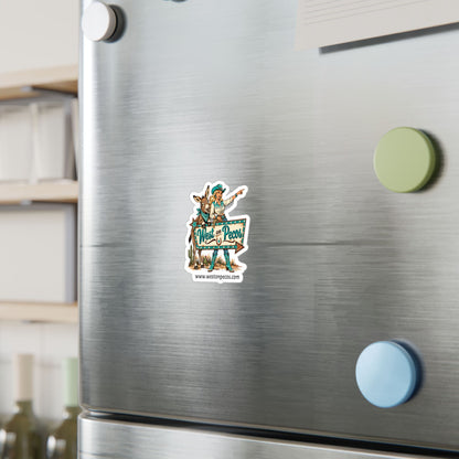 West on Pecos Cowboy Sticker — Kiss-Cut Vinyl Decal with Cowgirl & Donkey