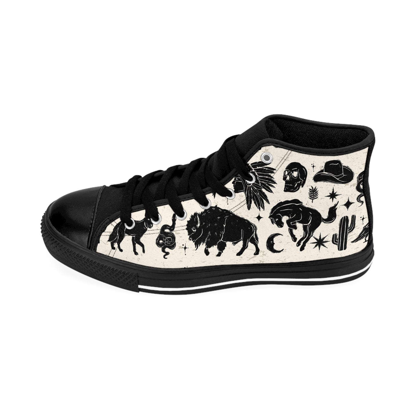 Desert Night Bohemian High-Top Sneakers, Vintage Style Footwear, Black and White Patterned Shoes, Ideal for Festivals, Casual Outings