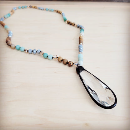 Picture Jasper & Amazonite Long Beaded Necklace w/ Crystal Pendant 262r