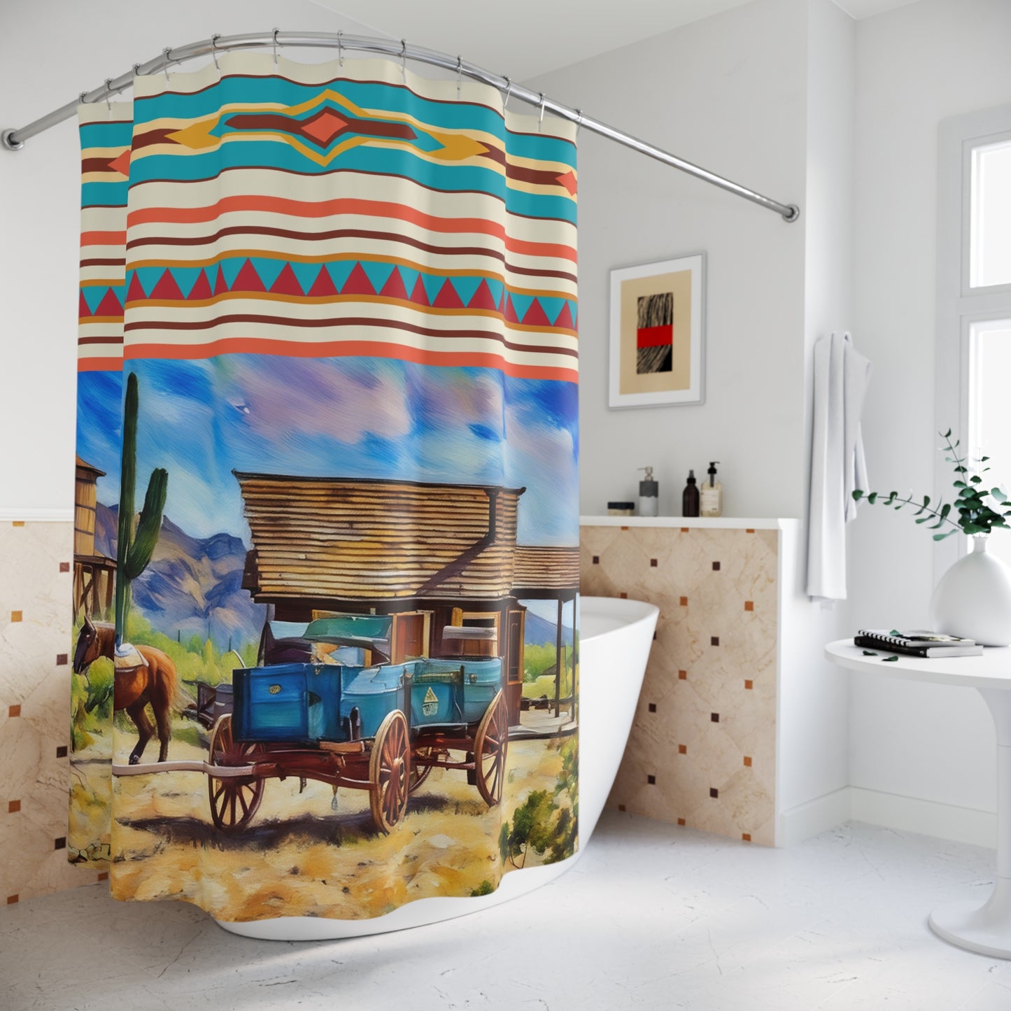 Southwestern Western Shower Curtain — Desert Wagon & Aztec Stripe Bathroom Decor