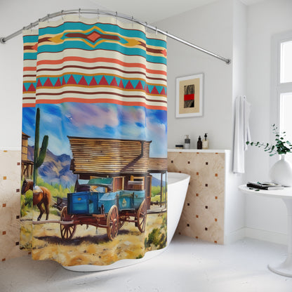 Southwestern Western Shower Curtain — Desert Wagon & Aztec Stripe Bathroom Decor
