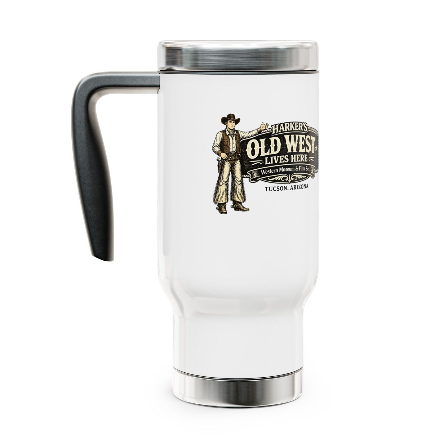 Harker's Old West Cowboy Travel Mug - 14oz Stainless Steel Tumbler with Handle