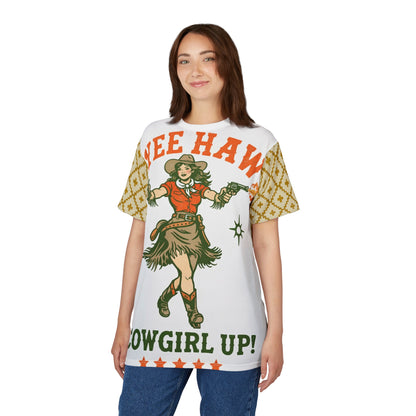 Cowgirl 'Yee Haw' Graphic Tee — Cowgirl Up Retro Western All-Over Print