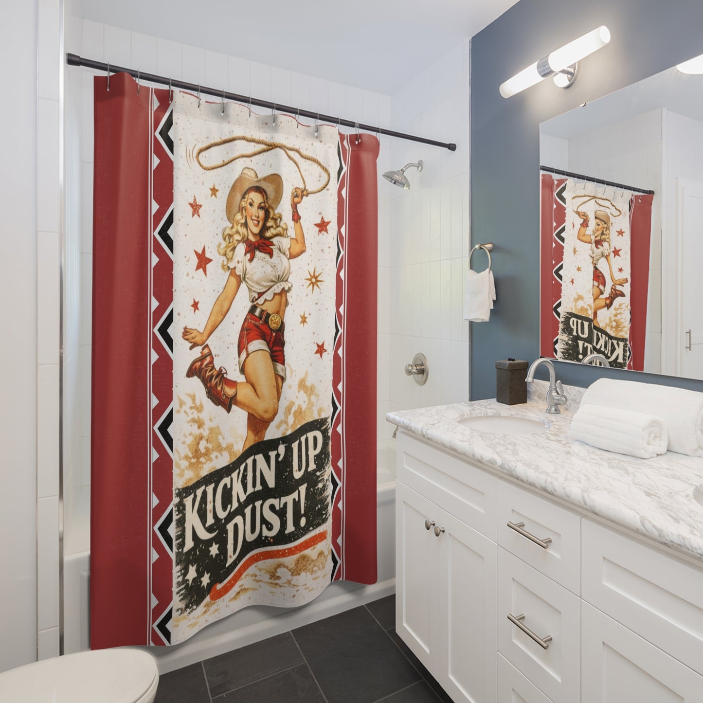 Kickin' Up Dust! Cowboy Pinup Shower Curtain — Retro Western Cowgirl Bathroom Decor