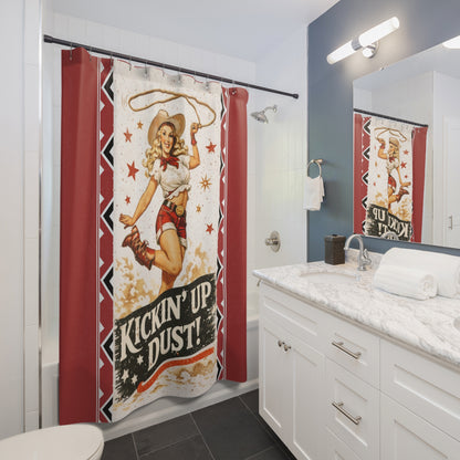 Kickin' Up Dust! Cowboy Pinup Shower Curtain — Retro Western Cowgirl Bathroom Decor