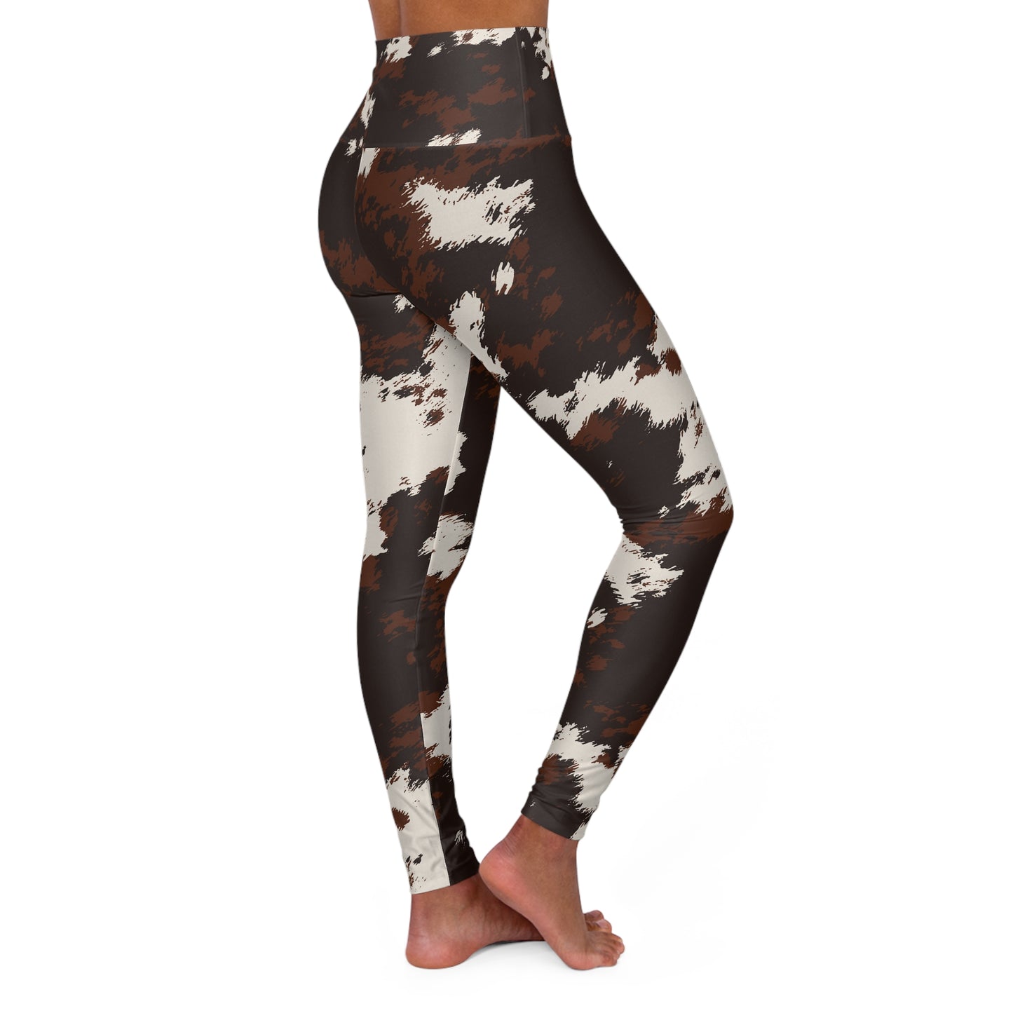 Cowhide Print High-Waist Yoga Leggings — Brown & White Abstract Animal Pattern