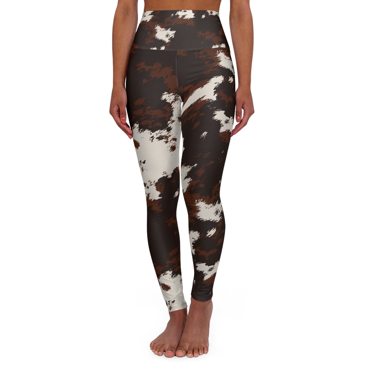 Cowhide Print High-Waist Yoga Leggings — Brown & White Abstract Animal Pattern