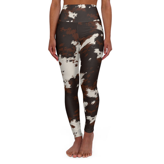 Cowhide Print High-Waist Yoga Leggings — Brown & White Abstract Animal Pattern