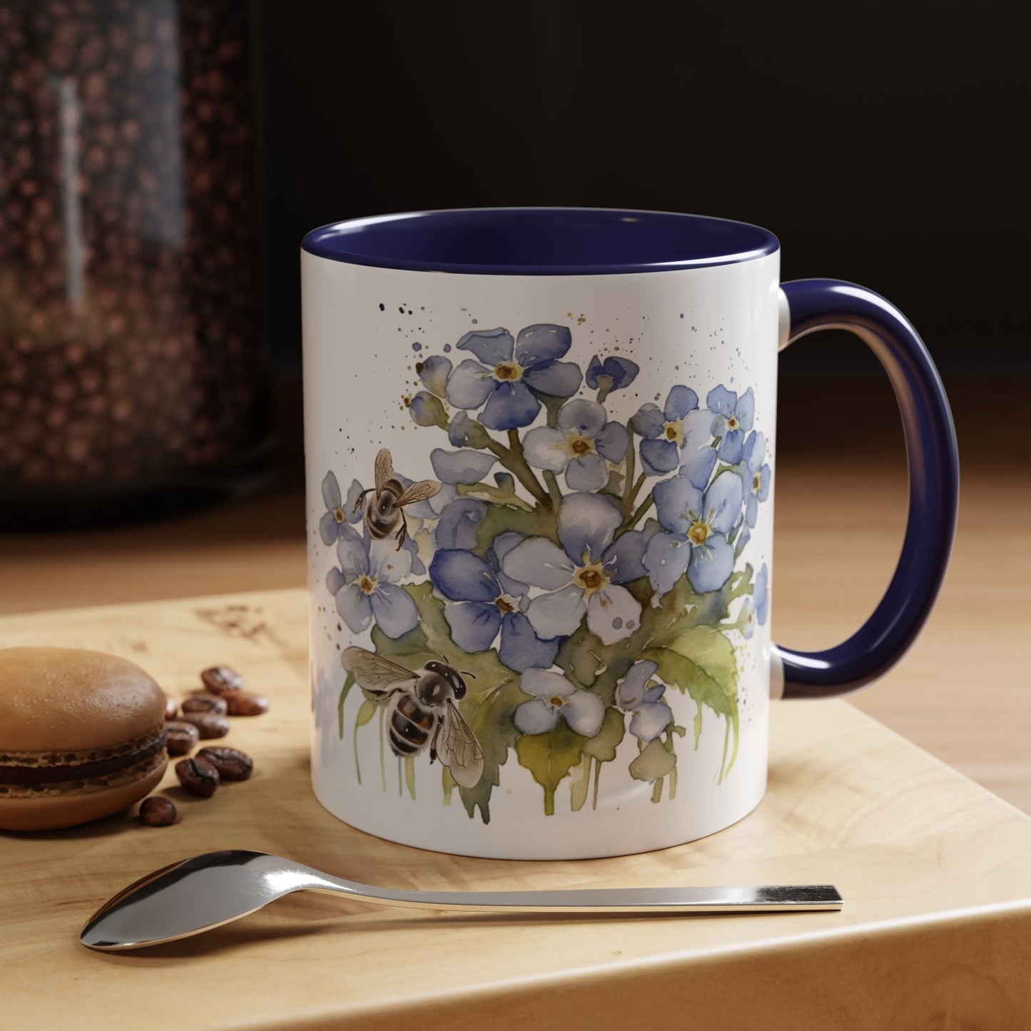 Botanical Bee Blue Floral Ceramic Coffee Mug - Cottage Style Coffee Mug