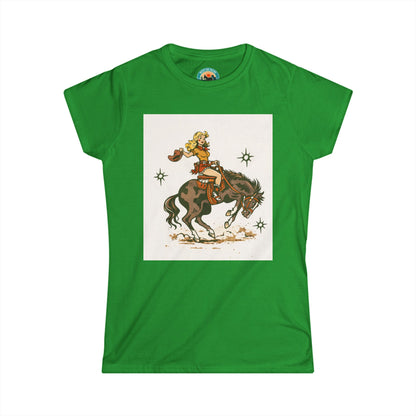 Western Cowgirl Riding Bucking Bronco T-Shirt — Vintage Rodeo Graphic Tee for Women