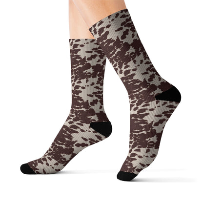 Brown Cowhide Pattern Sublimation Socks — Animal Print Crew Socks