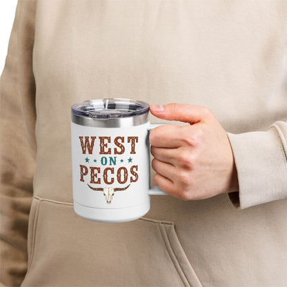 Western West on Pecos Coffee Mug — 15oz Rancher Travel Tumbler (No-Spill)