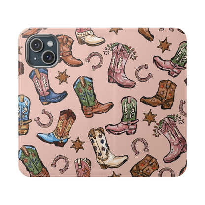 Western Boots Flip Wallet Phone Cases Pink