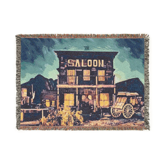 Woven Blanket — Vintage Western Saloon Scenic Throw for Rustic Home Decor
