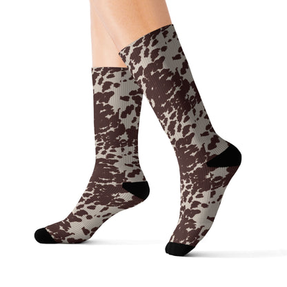 Brown Cowhide Pattern Sublimation Socks — Animal Print Crew Socks