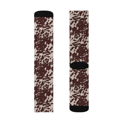 Brown Cowhide Pattern Sublimation Socks — Animal Print Crew Socks