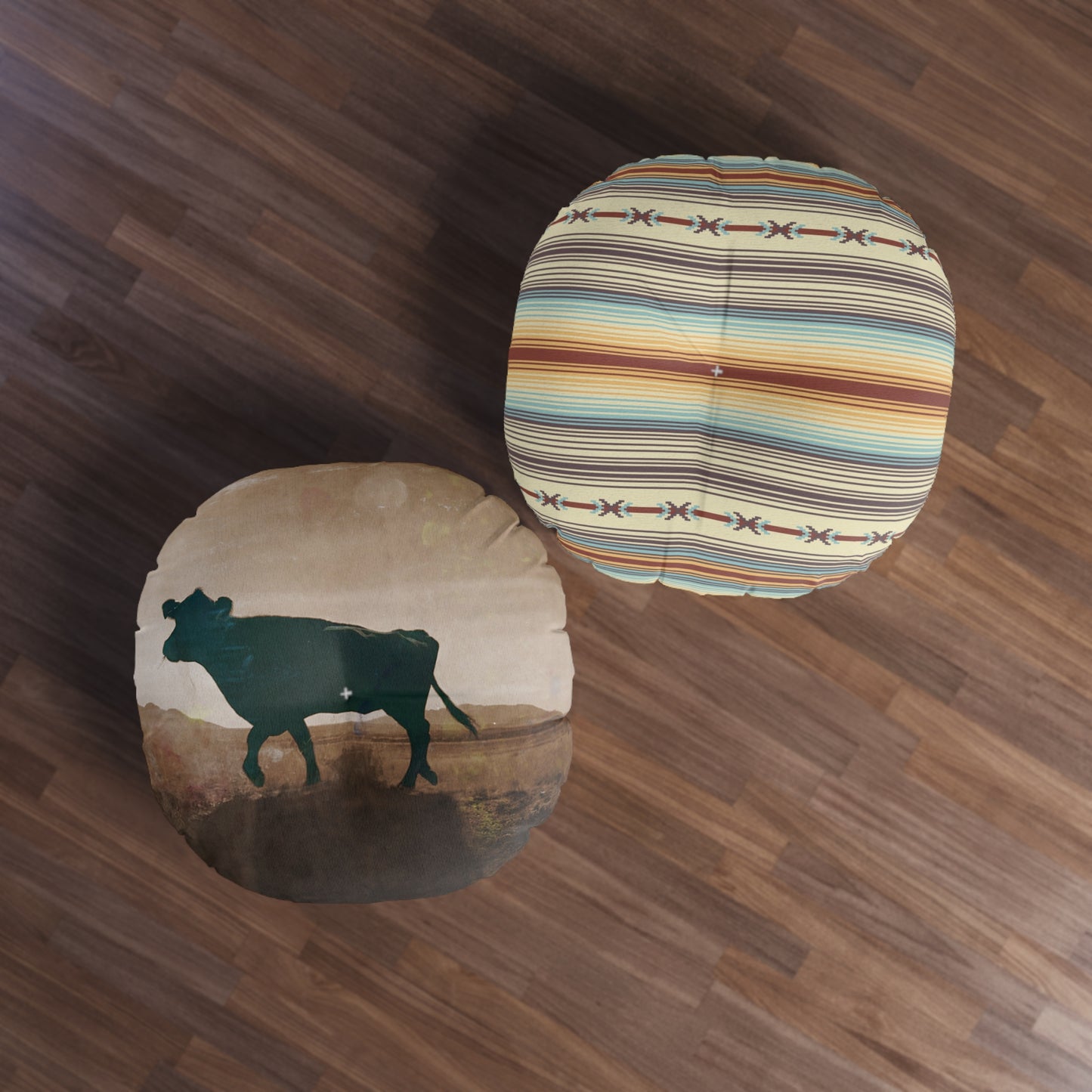 Western Round Tufted Floor Pillow — Southwestern Stripe or Cowhide Pattern