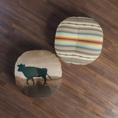 Western Round Tufted Floor Pillow — Southwestern Stripe or Cowhide Pattern