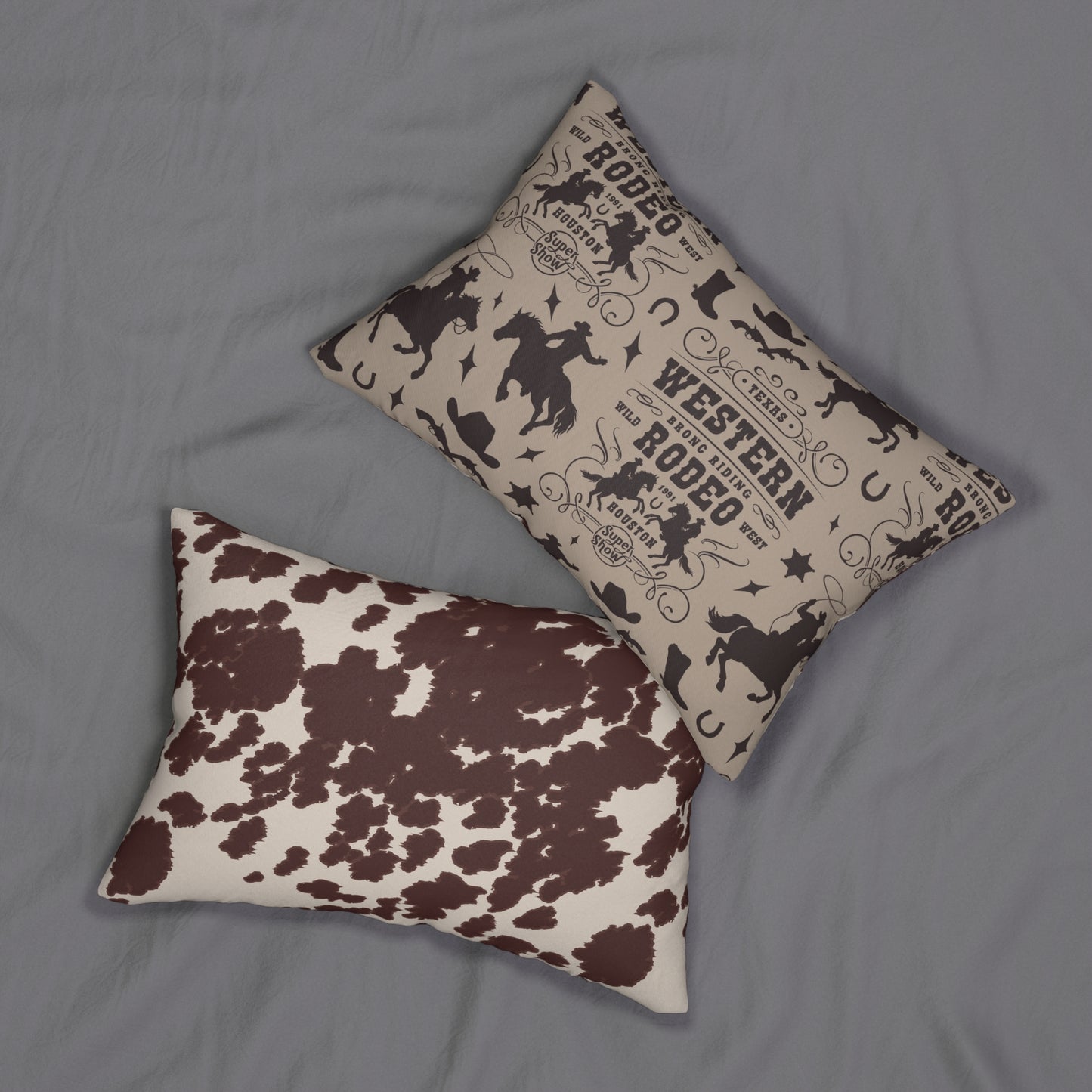 Western Rodeo Cowhide Lumbar Pillow — Rustic Cowboy Rodeo Print