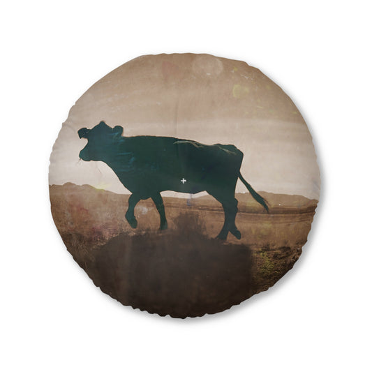 Western Round Tufted Floor Pillow — Southwestern Stripe or Cowhide Pattern