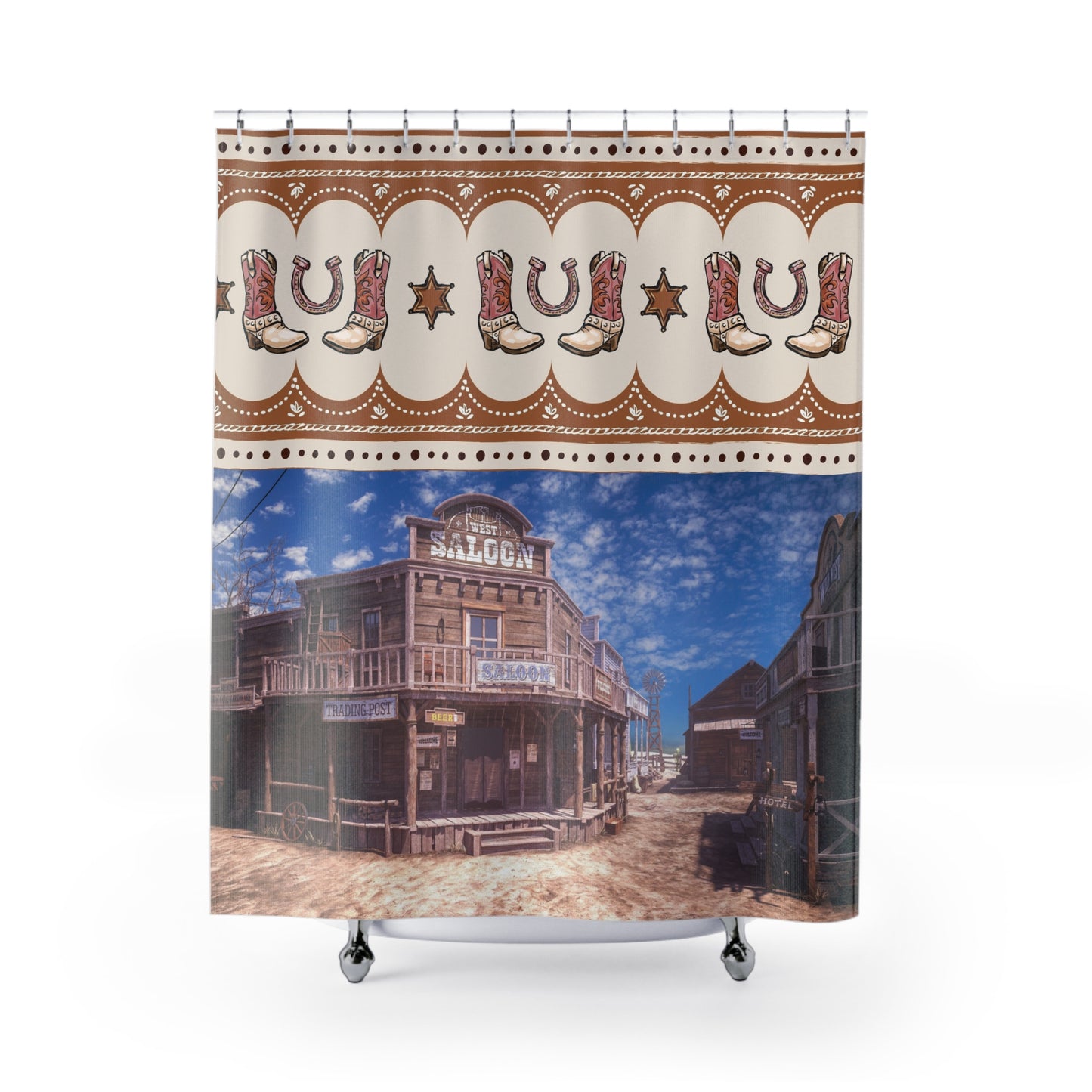Western Saloon Shower Curtain – Cowboy Boots, Horseshoe & Old Town Bathroom Decor