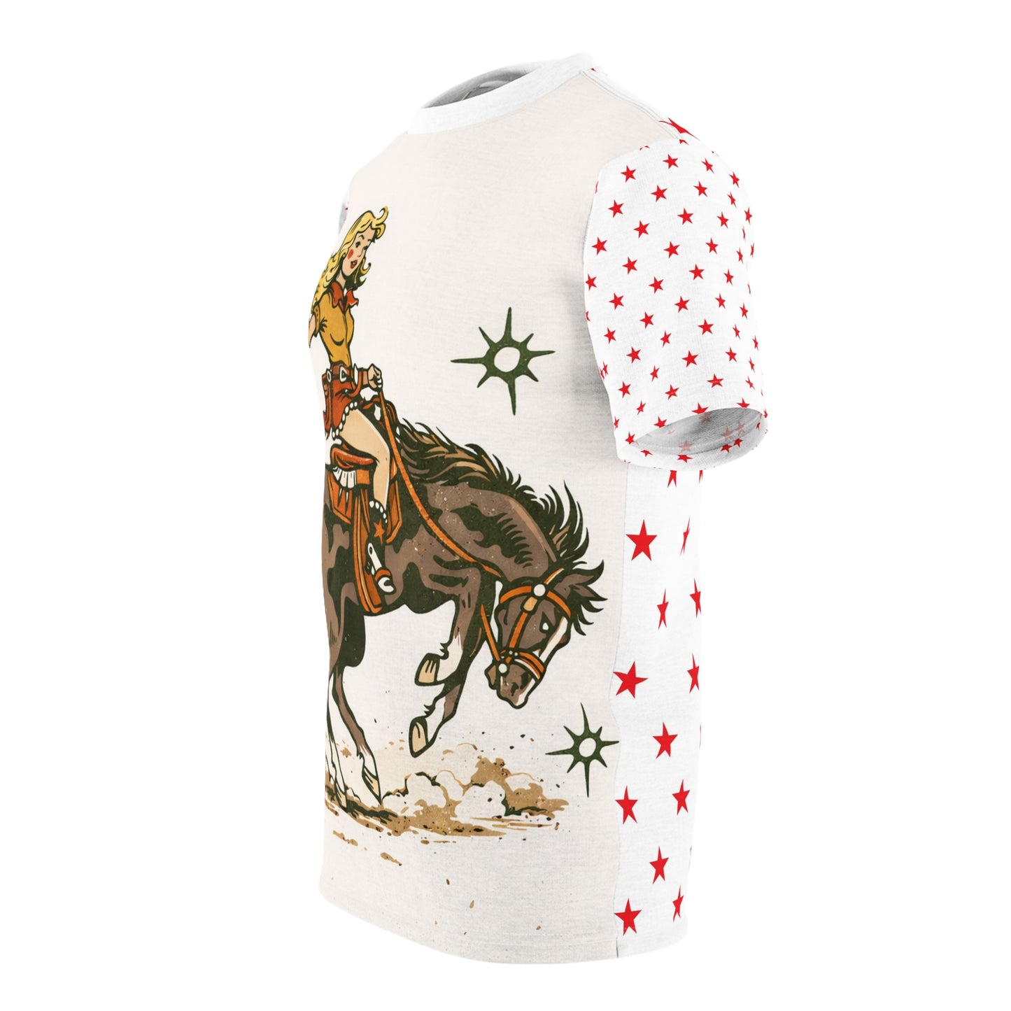 Cowgirl Retro Rodeo Tee — Vintage Bucking Bronco All-Over Print Shirt