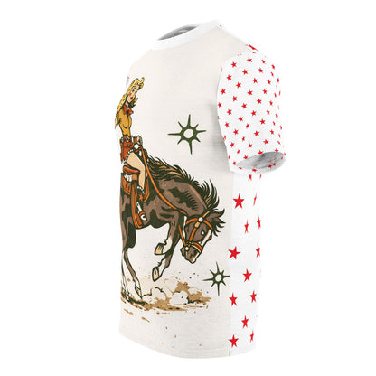 Cowgirl Retro Rodeo Tee — Vintage Bucking Bronco All-Over Print Shirt