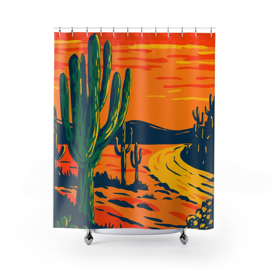 Desert Sunset Shower Curtains – Vibrant Cactus Design for Modern Bathrooms