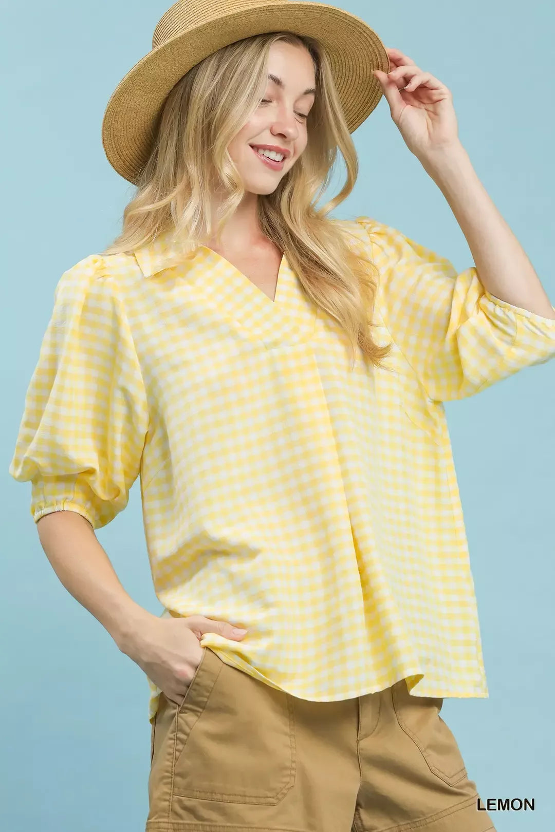 Umgee Gingham Puff Sleeve Collared Blouse in Lemon