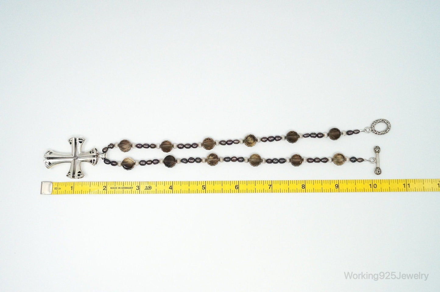 Designer Large Cross Smoky Topaz Pearl Sterling Silver Necklace