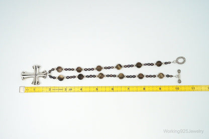 Designer Large Cross Smoky Topaz Pearl Sterling Silver Necklace