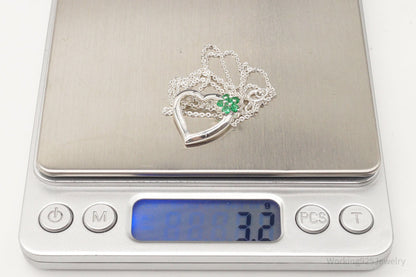 Vintage Designer Avon Green Cubic Zirconia Heart Sterling Silver Necklace