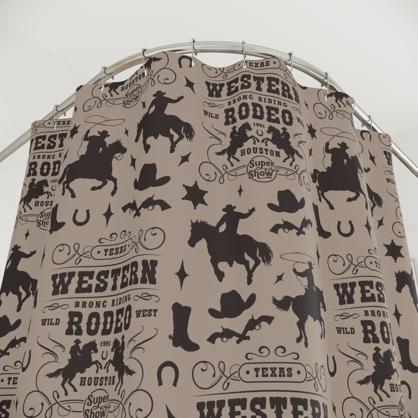 Western Rodeo Pattern Shower Curtain — Cowboy Boots, Hats & Horse Silhouettes